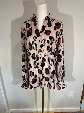 Eloquii Leopard-Print Ruffle Button Blouse